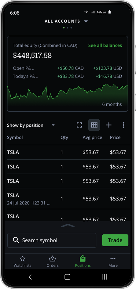 Redesigned Questrade Mobile screen with the account balance summary header