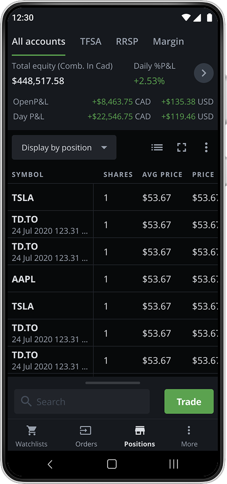 Original Questrade Mobile screen with tab-based account navigation
