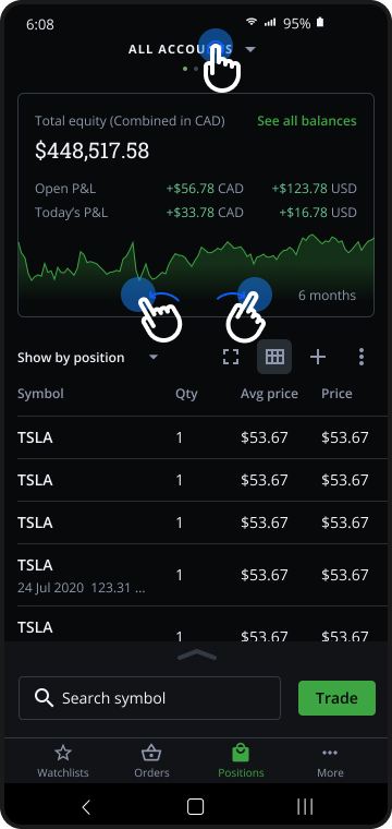 Account balance header with a six-month performance chart and swipe navigation between accounts