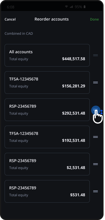 Reordering accounts by dragging, which also sets the swipe order